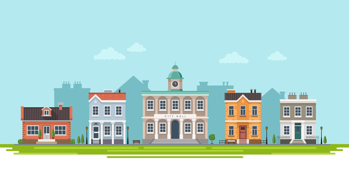 City view with city hall and small residential houses with landscape. Vector illustration in flat style, design template