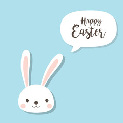 Happy Easter Bunny. Vector illustration for Easter greeting card, invitation with white cute rabbit on sky blue background.
