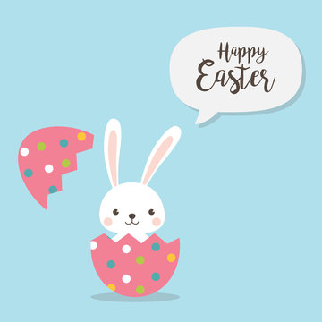 Happy Easter Bunny. Vector illustration for Easter greeting card, invitation with white cute rabbit on sky blue background.