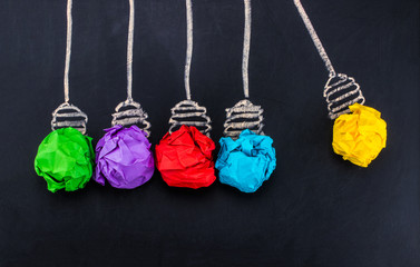 Great Idea. Creativity Concept with crumpled paper bulb bright idea on chalkboard background