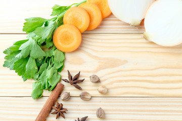 Ingredient soup on wooden background