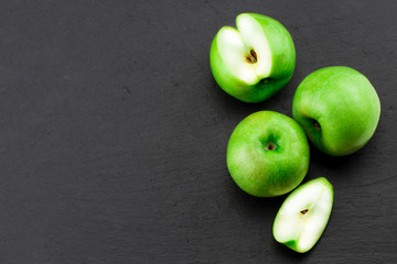 Green apples  on stone table. Top view with copy space