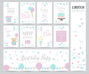 Blue pink pastel greeting card with cake,bear,flower and gift