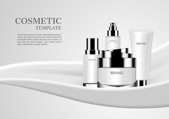 Cosmetic set on white milk background vector cosmetic mockups