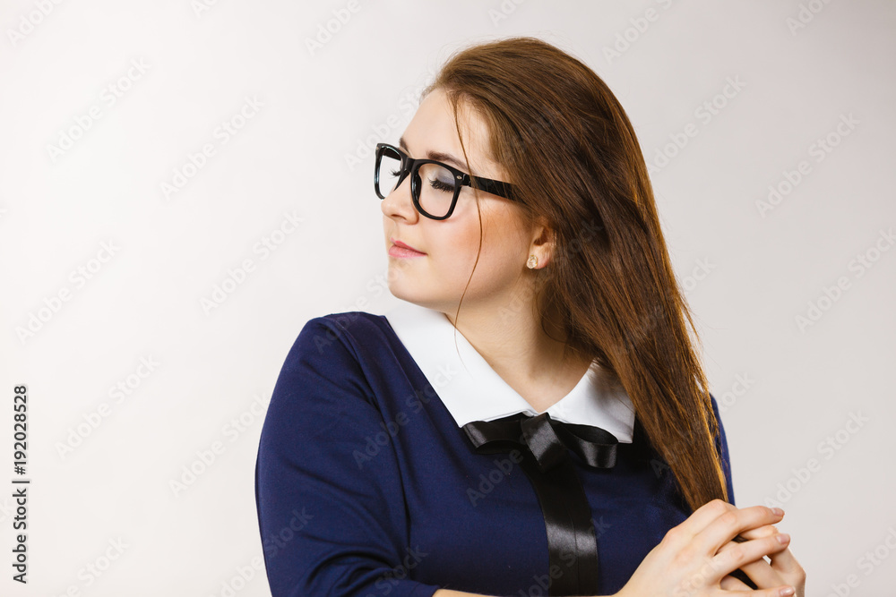 Wall mural Happy positive woman with long brown hair