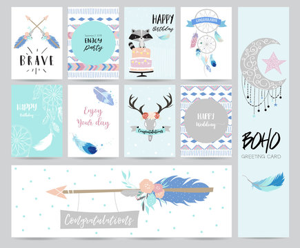 cute cards for banners,Flyers,Placards with feather,skunk,wild,moon,star,arrow,cake and ribbon