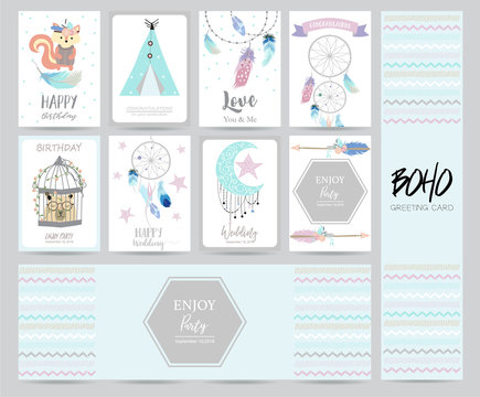 cute cards for banners,Flyers,Placards with feather,squirrel,wild,moon,star,arrow,cage,bear and tent