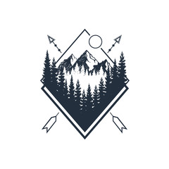 Hand drawn travel badge with fir trees and mountains textured vector illustrations.