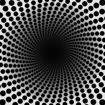 Spiral pattern. Black dotted tunnel with dark center - twisted circular background illustration, hypnotic and psychedelic.