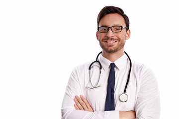Fototapeta premium smart handsome bearded medical doctor in glasses with Stethoscope to listen to your heart isolated on white background