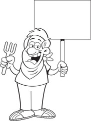 Black and white illustration of a man holding a fork and a sign.