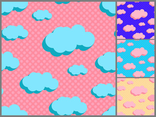 seamless background with cartoon clouds in four pastel colors (with 3D effect)