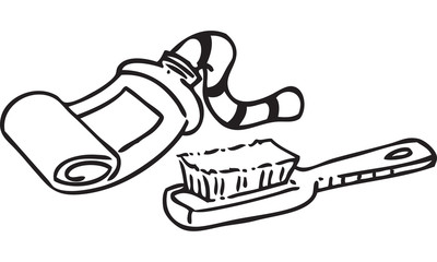 Black and white illustration of a tube of toothpaste and a toothbrush.