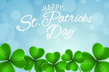 Abstract festive background for Saint Patrick's Day. Clovers of shamrocks on a blue background with glares bokeh. Calligraphic white text. Greeting card. Vector illustration