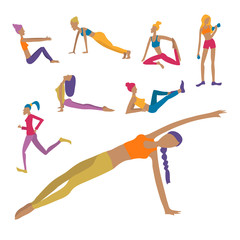Young women doing exercises, yoga poses, running, fitness. Vector illustration.
