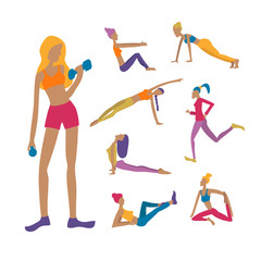 Young women doing exercises, yoga poses, running, fitness. Vector illustration.
