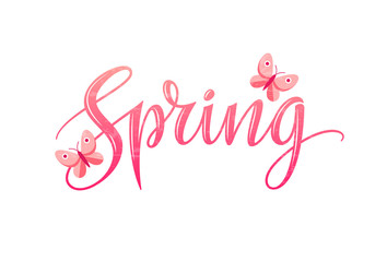 Spring logo isolated on white background. Vintage lettering typography and butterflies. Vector illustration. EPS 10