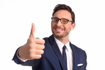 Handsome bearded businessman in office suit and tie isolated on white background. Smart Professional bank manager in glasses is smiling with joy, he loves his job
