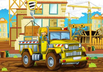 cartoon scene with funny construction site car - illustration for children