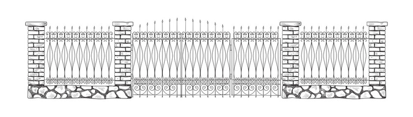 Decorative stone and metal fences. Vector illustration