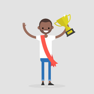 Awards ceremony. Young black successful character wearing a red ribbon and holding a champion cup. Achievement. Flat editable vector illustration, clip art