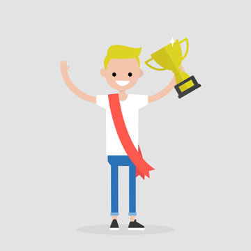 Awards ceremony. Young successful character wearing a red ribbon and holding a champion cup. Achievement. Flat editable vector illustration, clip art