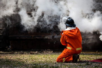 Firefighters training, Team practice to fighting with fire in emergency situation. Attack to the...