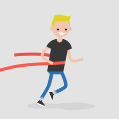 Young running character crossing the finish line. Red ribbon. Race. Competition. Flat editable vector illustration, clip art