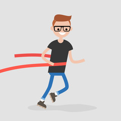 Young running character crossing the finish line. Red ribbon. Race. Competition. Flat editable vector illustration, clip art