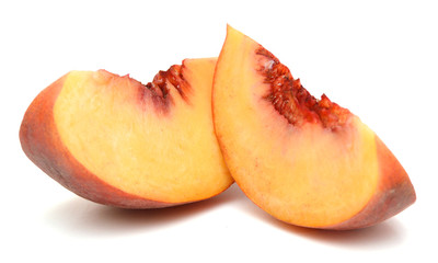 Naklejka na ściany i meble Ripe peach fruit slice isolated on white background cutout
