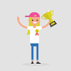 Awards ceremony. Young female successful character wearing an award badge and holding a champion cup. Achievement. Flat editable vector illustration, clip art