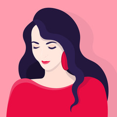 Diffidence. Shy girl. Embarrassment. Female portrait. Vector illustration