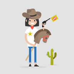 Young funny female sheriff riding a hobby horse