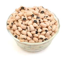 Black-eyed Beans in glass bowl on white background.