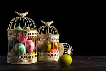 Happy easter! Easter eggs on wooden background