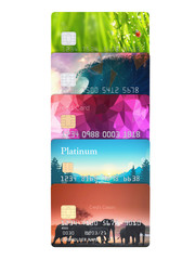 3d illustration of detailed glossy credit cards lined up isolated on white background without shadows