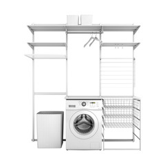 interior of home laundry with washing machine and empty shelves without shadow on a white background 3d