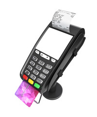 card payment terminal with an empty screen POS terminal with credit card and receipt isolated on white background 3d render