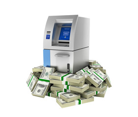 ATM surrounded by 100 dollar bankrolls Bank Cash Machine in pile of money american dollar bills without shadow isolated on white background 3d