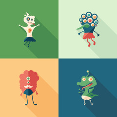 Happy monsters flat square icons with long shadows. Set 3