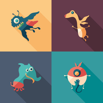 Happy monsters flat square icons with long shadows. Set 2