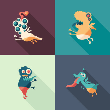 Happy monsters flat square icons with long shadows. Set 5
