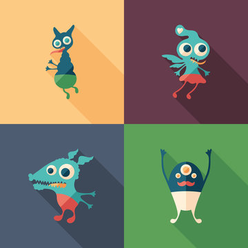 Happy monsters flat square icons with long shadows. Set 6