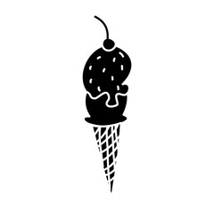 ice cream cone waffle cherry fruit sweet vector illustration black and white design