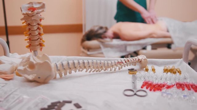 Manual therapist massaging a young woman lying on a massage table, pushing on the lumbar, spine model and drugs in the foreground