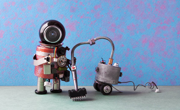 Robot janitor vacuuming. Cleaner machine creative design robotic android cleaning home, blue pink green apartment interior.