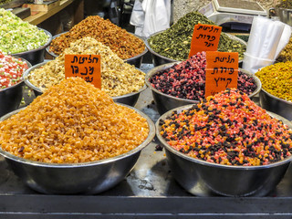 Jerusalem, Israel -  Dried fruits in The Machane Yehuda Market in Jerusalem