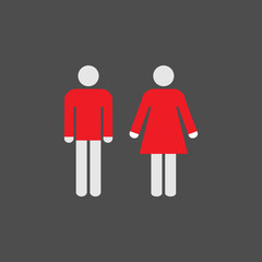 Man, Woman icon, toilet sign, restroom sign. Red/white on grey background.  Flat design. Vector illustration.