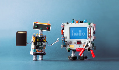 Computer android message Hello, with red pliers. Robot mechanic with flash card in hand. Blue...