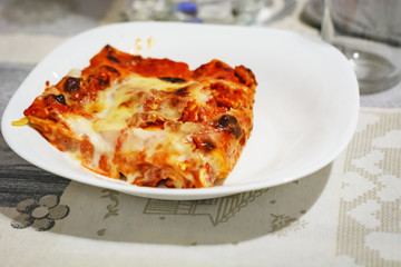 close-up view of a portion of lasagna